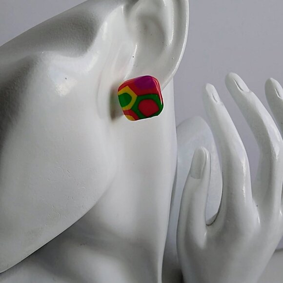 Handmade multi-color polymer clay earrings. Boucles d'oreilles fait à la main - Picture 6 of 7